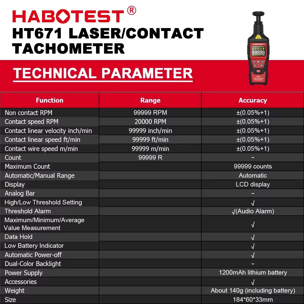 Industrial Laser Tachometer - جهاز قياس السرعة الرقمي HABOTEST HT671